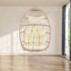Outdoor Garden Egg-Shaped Wicker Hanging Chair, Wood Frame with Khaki Cushion, Patio Swing Chair for Porch, Balcony, Backyard, Indoor/Outdoor Use